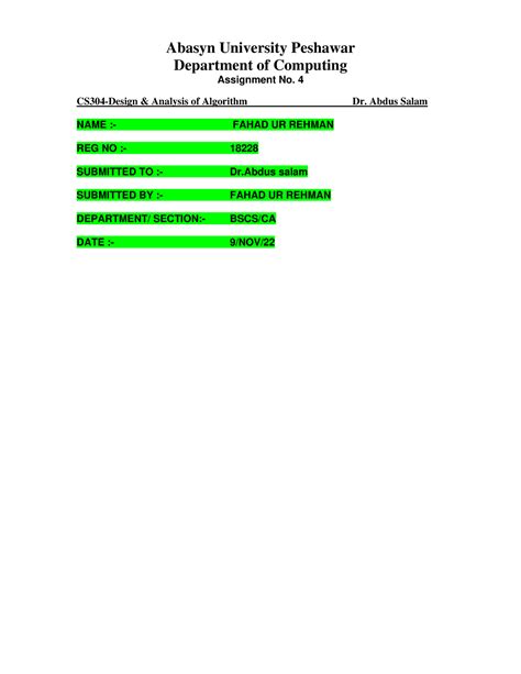 Assignment 4 Analysis Of Algorithm Abasyn University Peshawar Department Of Computing