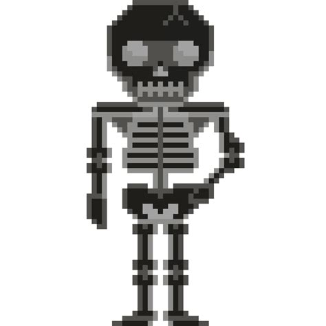 An 8-bit retro-styled pixel-art illustration of a black skeleton ...