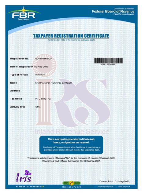 Taxpayer Registration Certificate Pdf