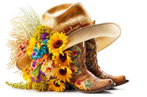 Botas Vaqueras Para Vaquera Con Ramo De Flores Y Sombrero Aislado En