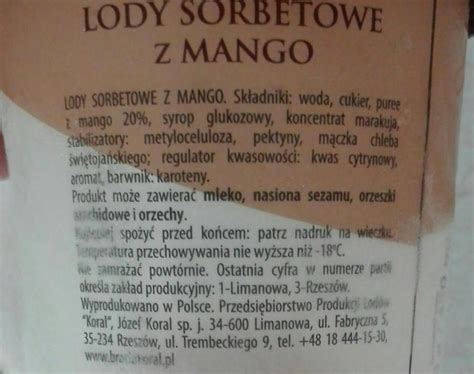 Sorbet Z Mango Bracia Koral Kalorie Kj I Warto Ci Od Ywcze Dine Fit Pl