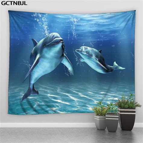 Dolphin Tapestry Wall Hanging Marine Life Fish And Coral In Underwater