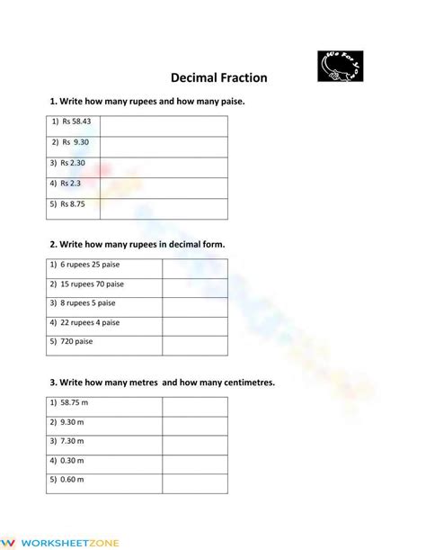 Decimal Fraction Worksheet