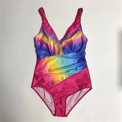 Gradation Swimsuit Rainbow Bodysuit Patchwork Swimming Suits Shoulder