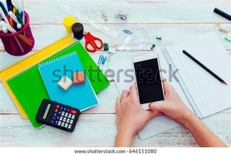 Teen Girl Smartphone Doing Homework Distracted Stock Photo Edit Now