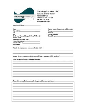 Fillable Online Neurology Partners Llc Patient History Form Park