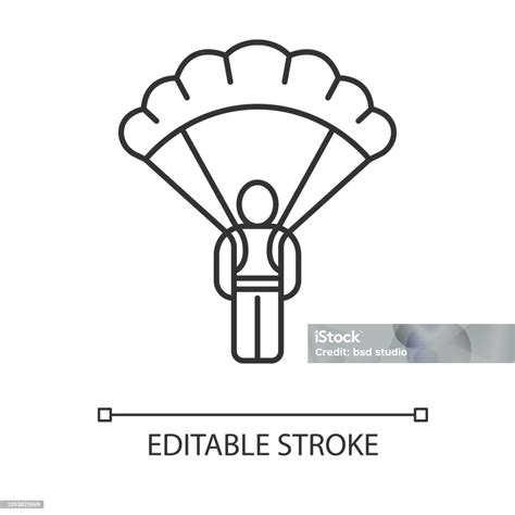 낙하산 스카이 다이버 선형 아이콘입니다 낙하산 스카이 다이빙 게임 플레이어 전사 낙하산으로 점프 하는 군인 가는 선 그림입니다