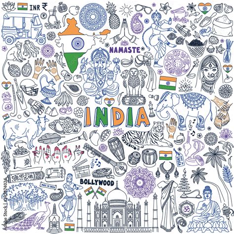 India Doodle Set Traditional Symbols Of Indian Culture And Buddhism