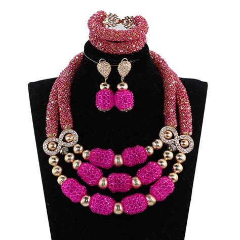 Increíble babero rosa fucsia para boda conjunto de joyería de cuentas