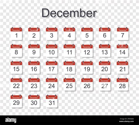 Monthly calendar template for December with daily date. On transparent background. Flat style ...