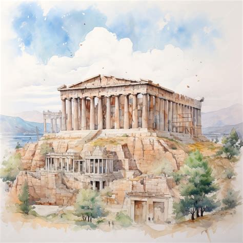 Premium Photo Realistic Watercolor Painting Of Parthenon On The Hill