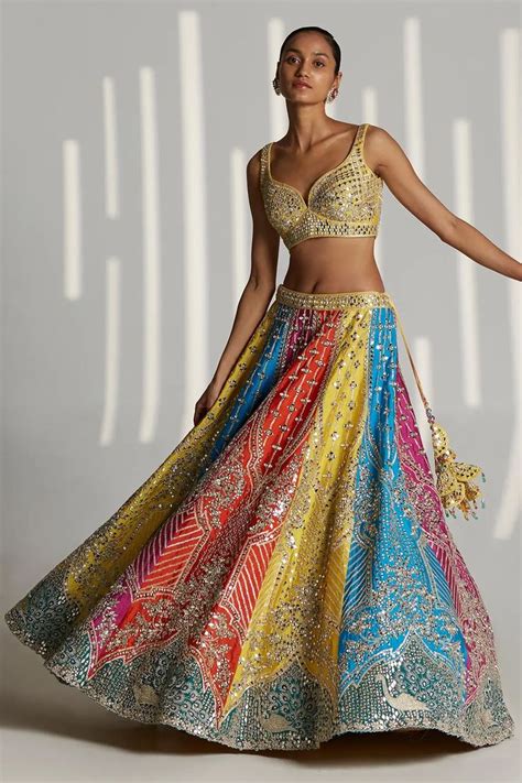 Buy Multi Color Raw Silk Embroidered Mughal Sweetheart Neck Lehenga Set For Women By Angad Singh