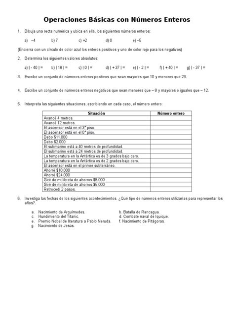 Operaciones Basicas Con Numeros Enteros Entero Números