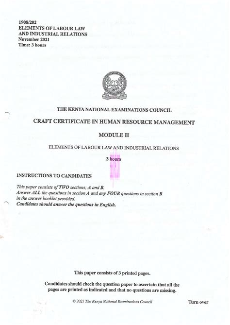 Elements Of Labour Law Past Paper Knec Human Resource Management