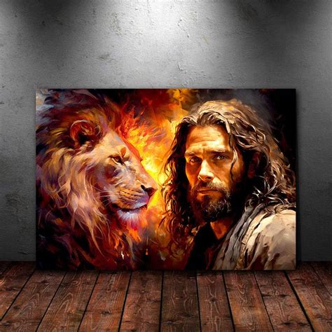 a painting of jesus and a lion on a wooden floor in front of a wall