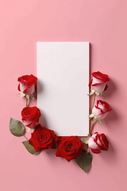 Tarjeta Blanca En Blanco Sobre Fondo Rosa Con Postal De Rosas Rojas Ia