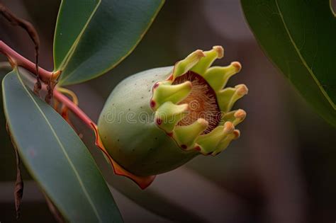 Eucalyptus Flower Bud Opening Revealing Beautiful Blooms Stock