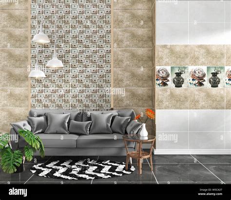 Living Room Interior With Tile Classic Texture Wall Background On Black