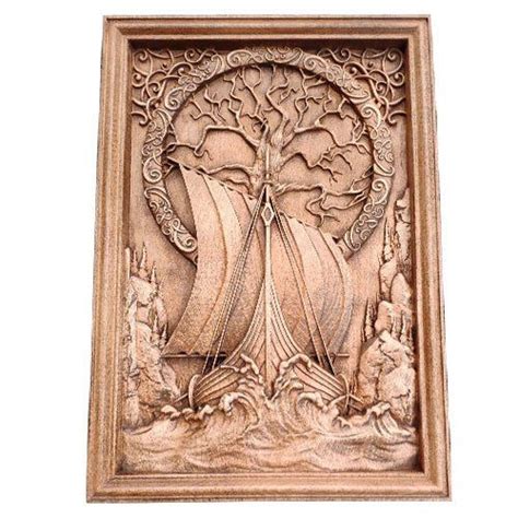 Norse Wood Carving Viking Drakkar Boat And Yggdrasil Tree Of Live