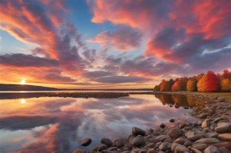 Premium Photo Colorful Autumn Sunrise Clouds Sky Over Lake