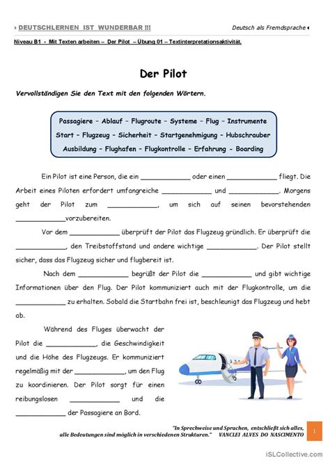 B1 Mit Texten arbeiten Der Pilot Deutsch DAF Arbeitsblätter pdf doc