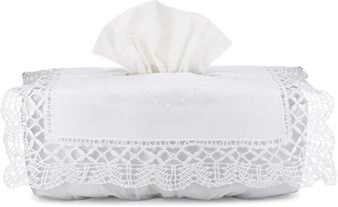 Bt Fine Linen Tissue Box Cover White Cotton Rectangular With Cluny Lace Home And Kitchen