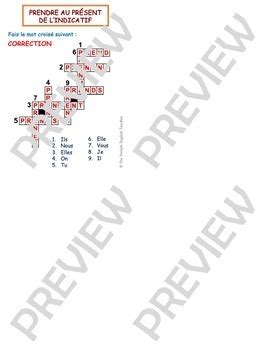 MOTS CROISES Sur La CONJUGAISON Du Verbe PRENDRE Au PRESENT DE L INDICATIF