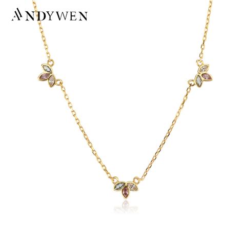 ANDYWEN 925 Sterling Silver Gold Three Zircon Queen Flower Pendant