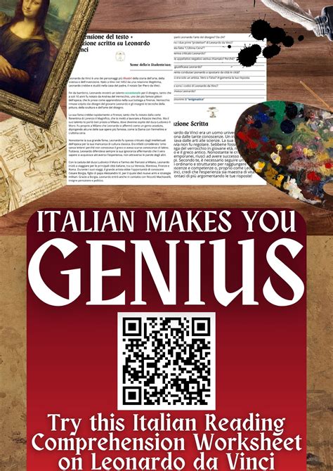 Italian Reading Comprehension Writing Worksheet Leonardo Da Vinci