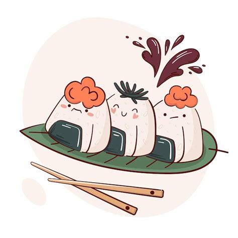 Premium Vector Draw Funny Kawaii Japanese Onigiri Rice Balls With