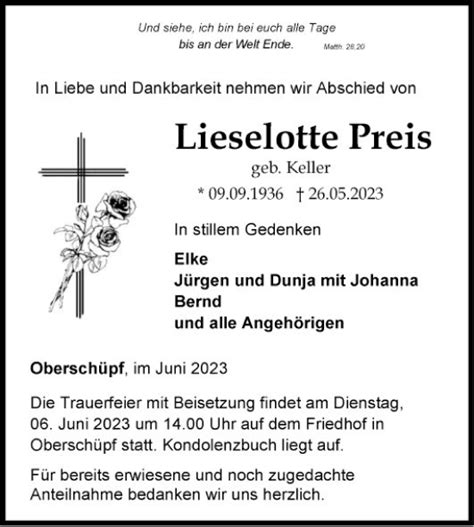 Traueranzeigen Von Lieselotte Preis Trauerportal Ihrer Tageszeitung