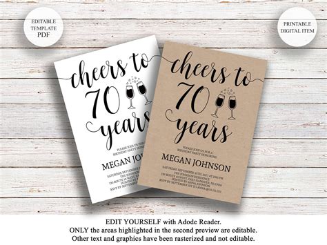 Editable 70th Birthday Invitation Cheers To 70 Years Rustic Etsy