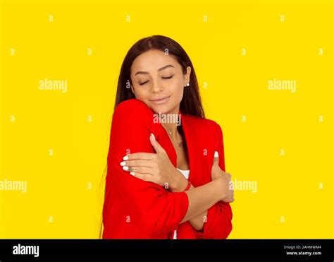 Love Yourself Concept Closeup Portrait Confident Smiling Woman Holding