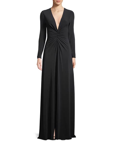 Halston Heritage Ruched V Neck Long Sleeve Gown Neiman Marcus