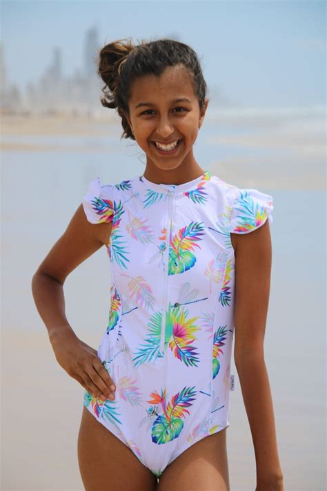 Frill Sleeve Swimsuit Teenage Girl Swimsuit Tween Swimwear Aus Tribe Tropical