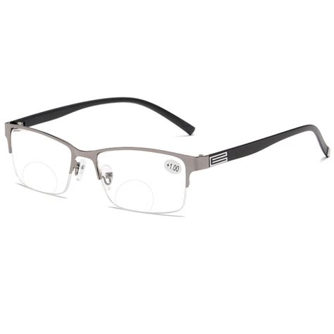 Mens Half Rimless Rectangle Gunmetal Bifocal Reading Glasses 200 Anti Blue Light Classic