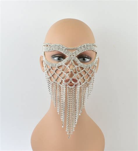 Silver Clear Rhinestone Crystal Masquerade Mask Face Veil Etsy