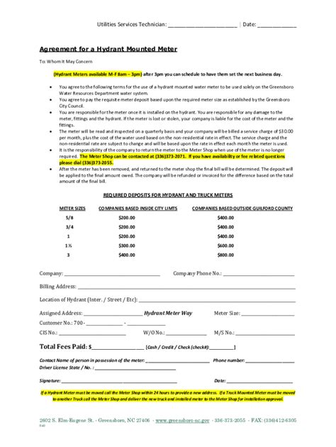 Fillable Online Date Agreement For A Hydrant Mounted Meter Fax Email