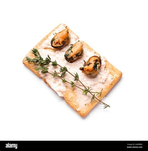 Tasty Cracker With Mussels And Thyme On White Background Stock Photo