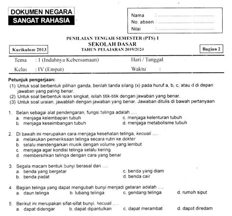 Soal Penilaian Tengah Semester Pts Tema Bagian Kelas Sd Mi