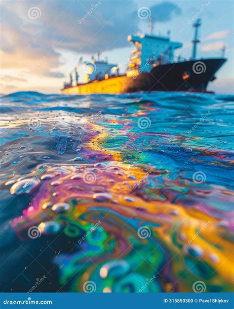 Environmental Pollution Caused By Oil Spill From The Ship Stock Photo