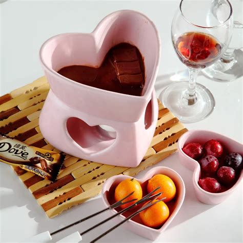 Free shipping 250cc Heart shape pink fondue set ice cream pot chocolate fondue ceramic cheese ...