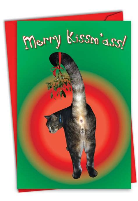 Merry Kiss My Ass Humor Christmas Greeting Card Cat