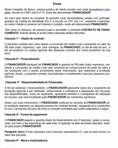 Referência para um Contrato Financiamento Crédito Rural Modelo Gratuito