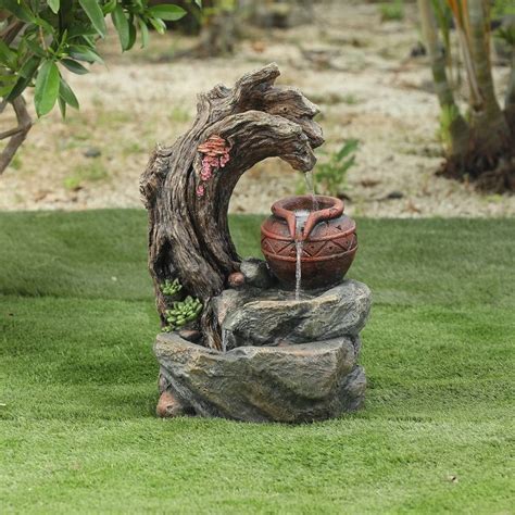 Resin Tree Stump And Rock Outdoor Fountain Floor Polyresin Gray