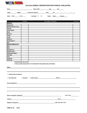 Fillable Online Vahs Vail K12 Az 2014 2015 AIA Physical Forms Fax Email