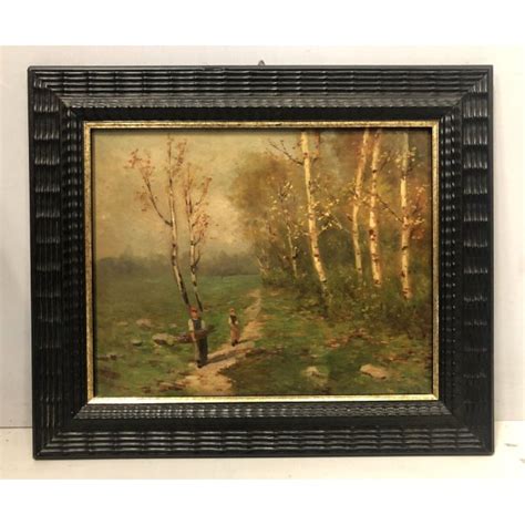 Antico Quadro Dipinto Olio Paesaggio Campagna Autunno Betulle Guilloche