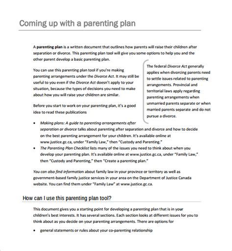 Free 8 Sample Parenting Plan Templates In Pdf