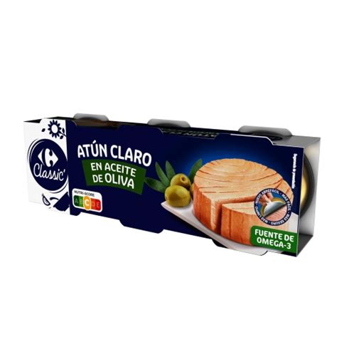 Atún claro en aceite de oliva Classic Carrefour pack de 3 latas de 52 g