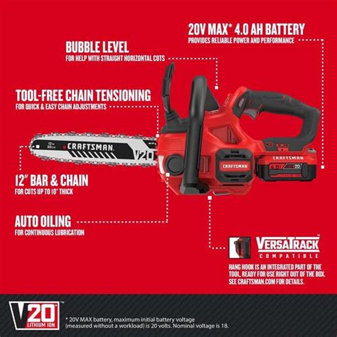 Craftsman V20 20 Volt Max 12 In Cordless Electric Chainsaw Battery